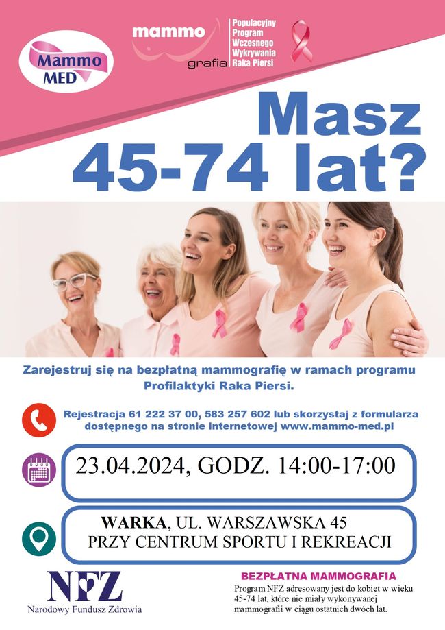 Bezpłatne badania mammograficzne 23.04.2024 CeSiR Warka